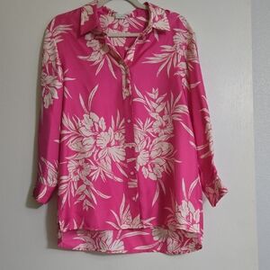 Worth Pink and White Long Sleeve Silk Floral Blouse